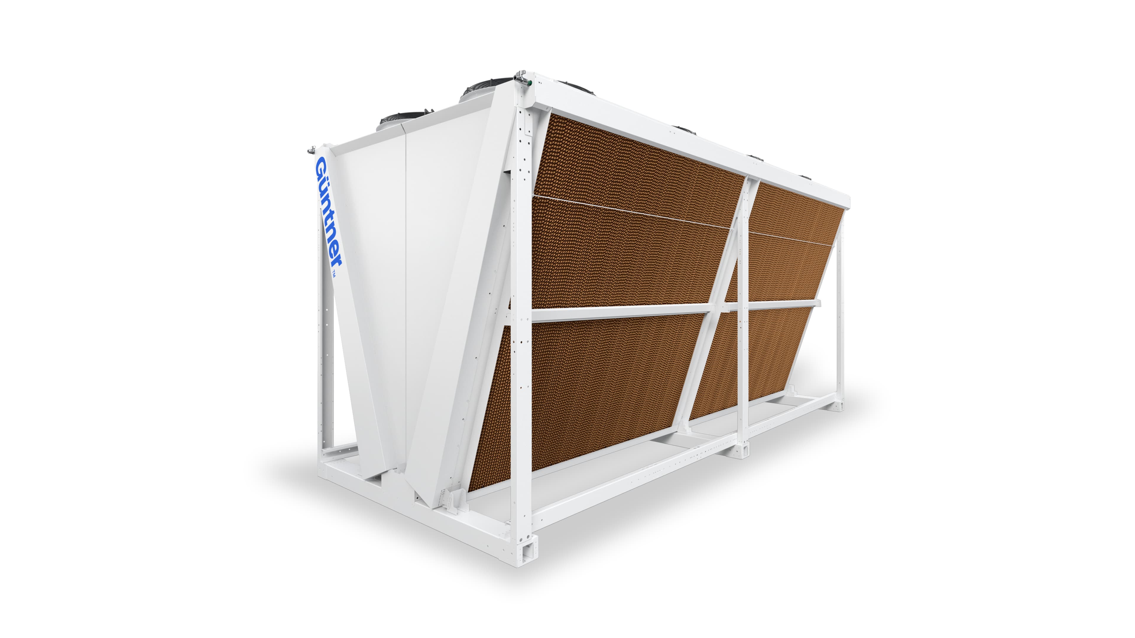 Industrial cooling unit with copper fins and a white metal frame, viewed at an angle with blue Guntner branding on the side.