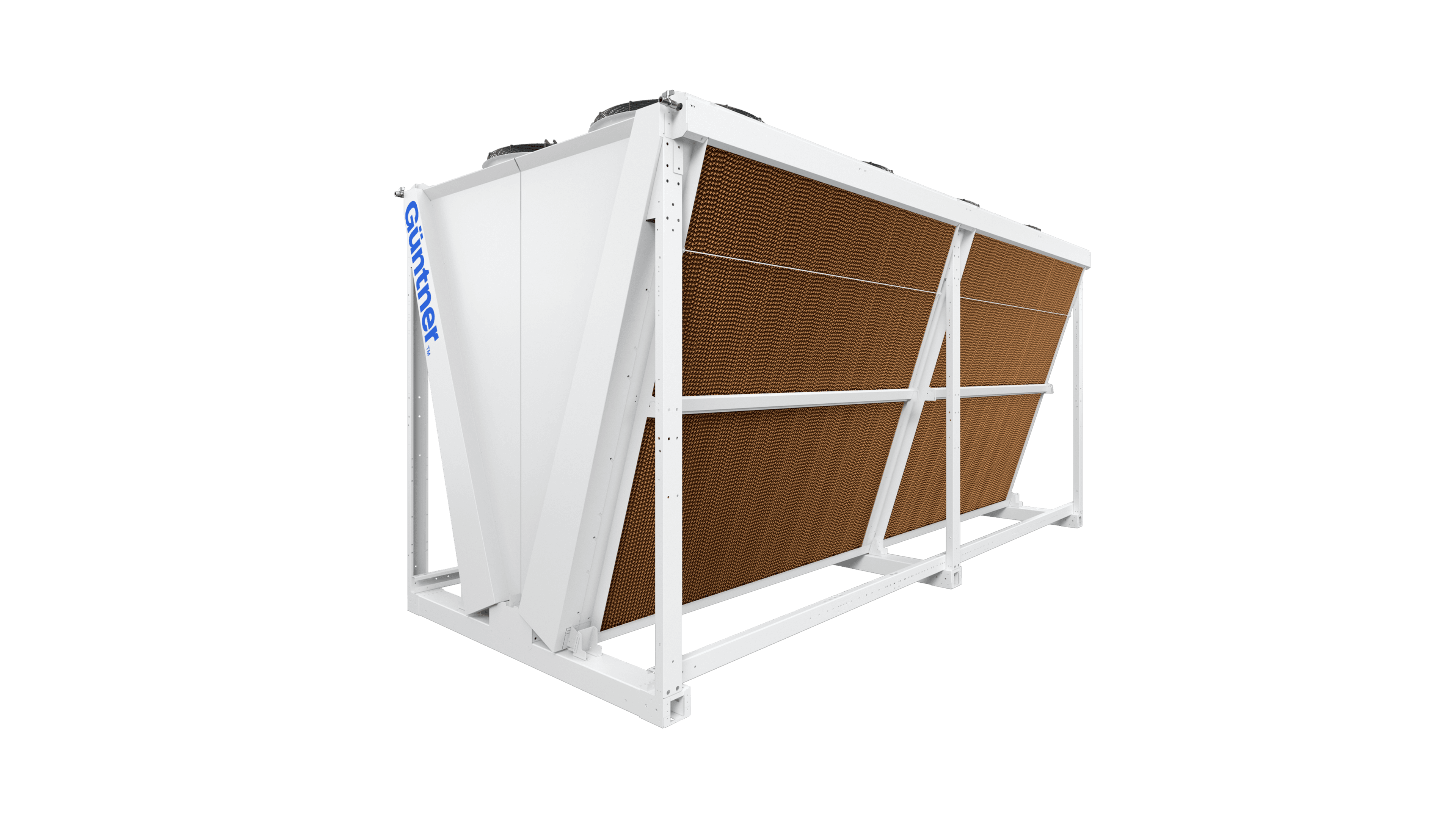 Large industrial Guntner heat exchanger/condenser in a white metal frame with copper-brown fins, mounted on a skid, with two top fans.