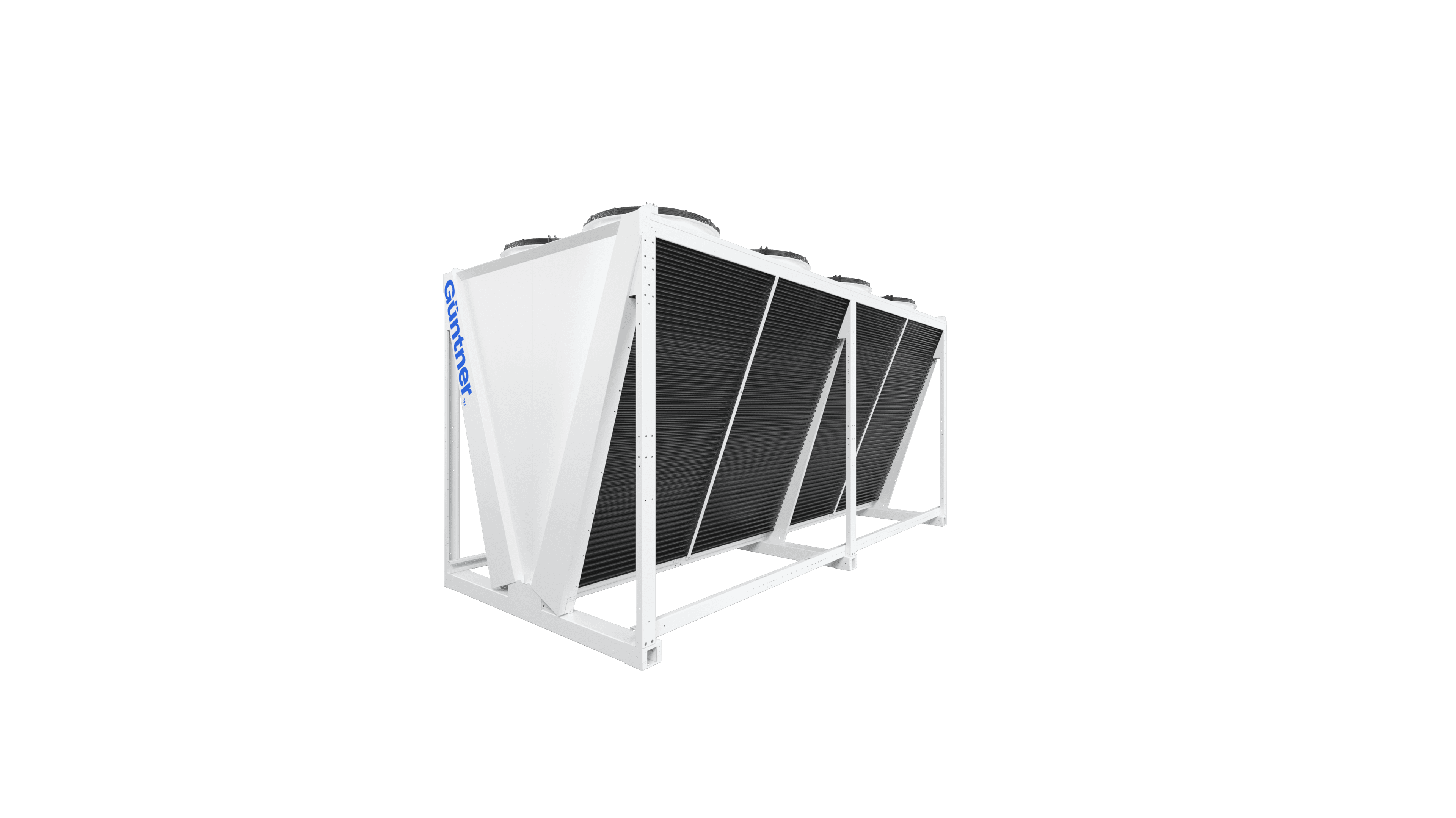 White industrial heat exchanger with diagonal dark-finned panels on a white frame; blue Guntner logo on the left, set against a black background.