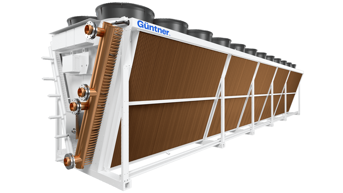 Large white industrial condenser with copper tubing and brown fin panels, framed by a white metal cage, bearing a Guntner logo against a black background.