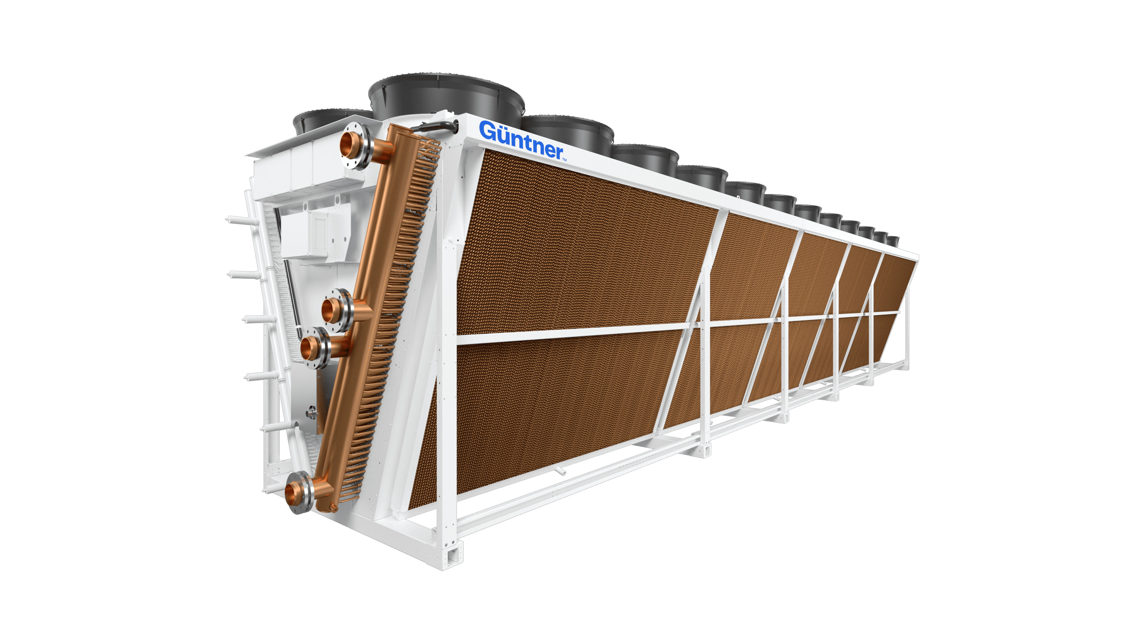 Industrial air-cooled heat exchanger with a white frame, copper tubes, brown fins, and top-mounted fans; features the Günther logo on a black background.