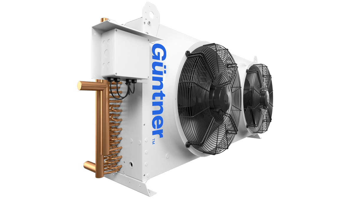 Industrial cooling unit with two large front fans on a white metal housing, copper refrigerant pipes on the left and blue Güntner branding.