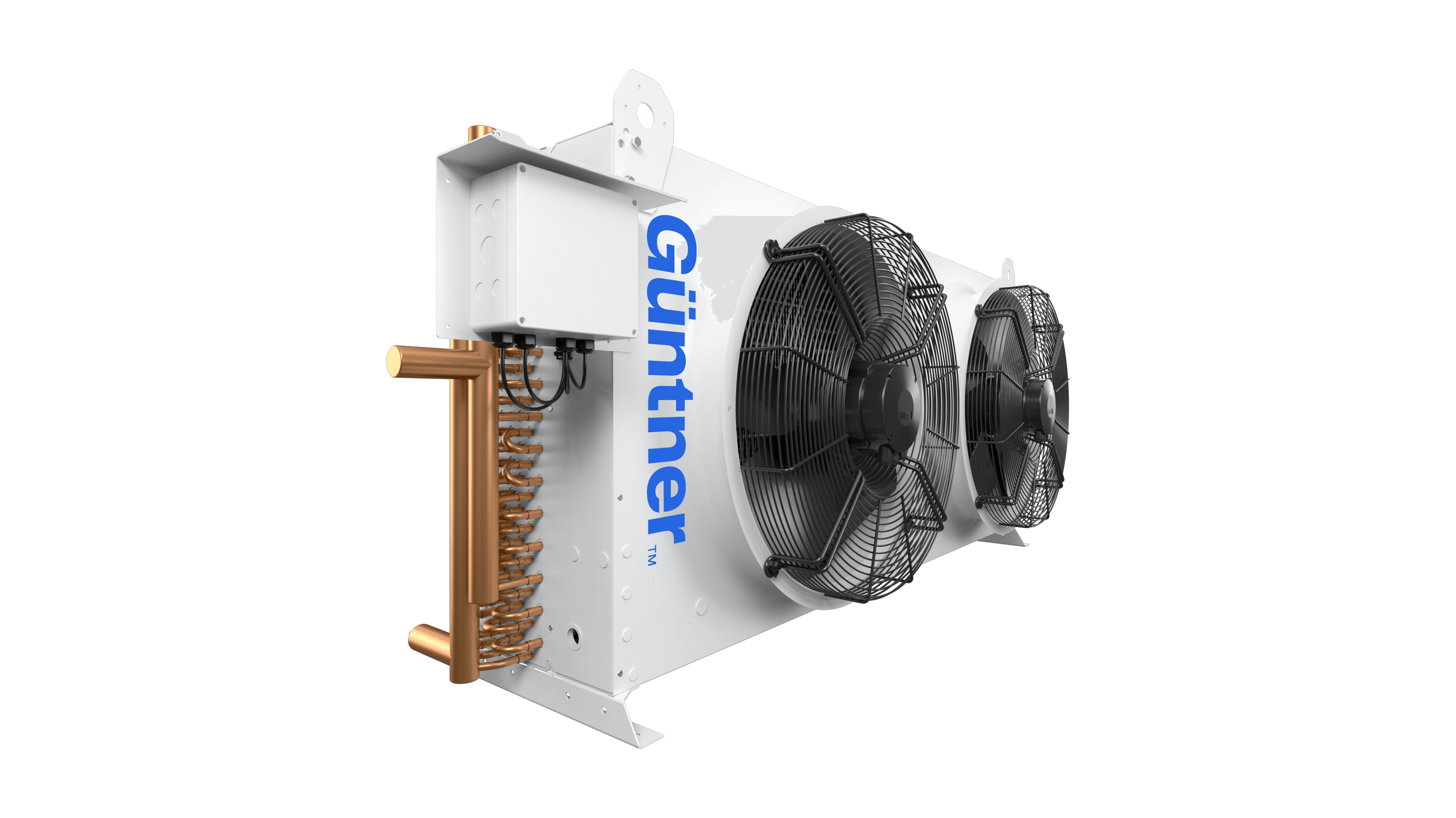 White industrial heat exchanger with two large black fan assemblies on the right and copper tubing on the left, featuring a vertical blue "Güntner" logo.