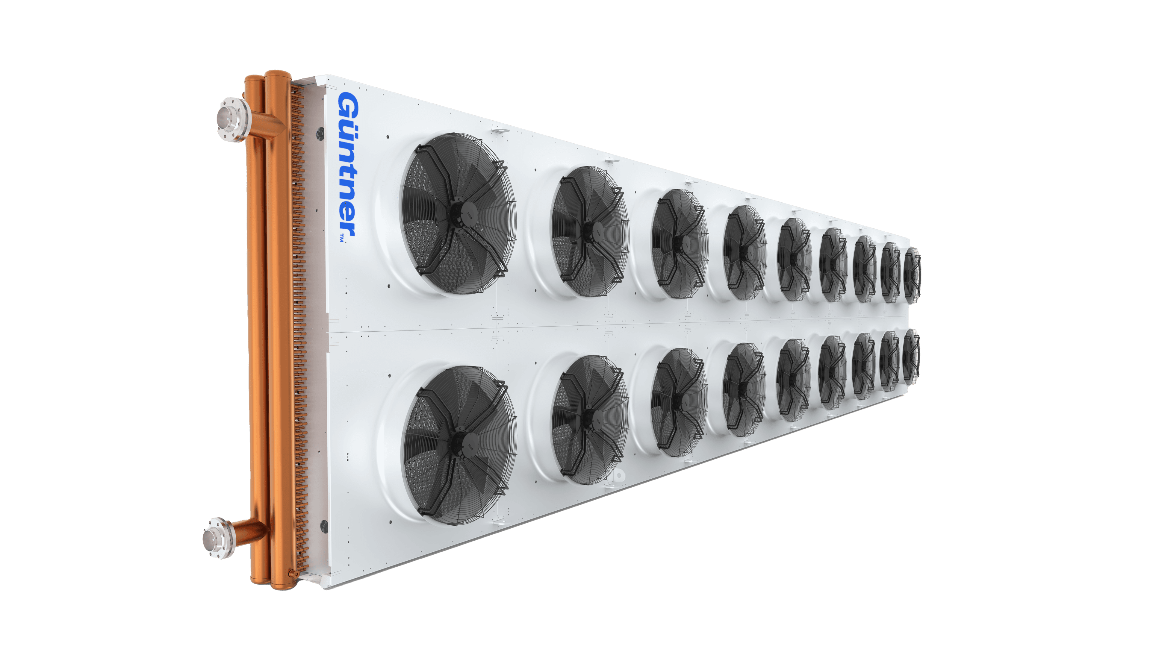 Angled side view of a long white industrial cooling unit with many fans, orange copper piping on the left, and a blue Güntner logo.