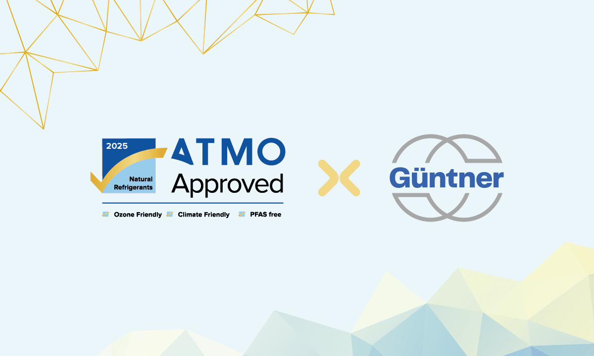 Light blue background with gold geometric lines top-left and pale polygons bottom; ATMO Approved logo beside the Günther logo connected by a yellow X.