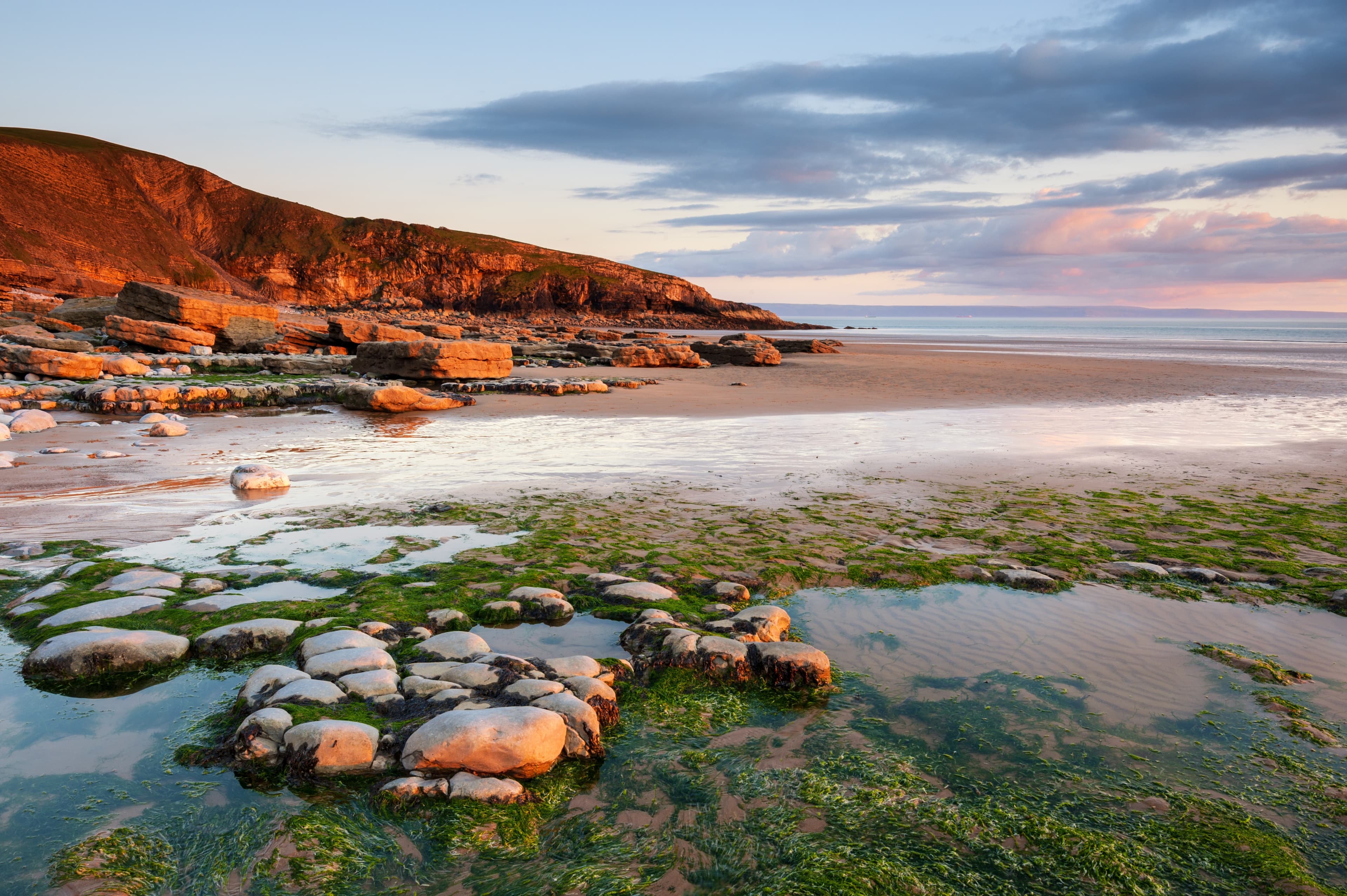 Sunlit coastal scene: red cliffs and scattered rocks on the left, tidal pools with green algae in the foreground, and calm sea under a pastel sky.