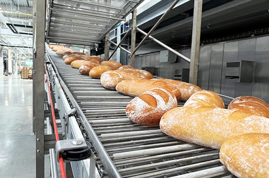 Industrial bakery production line: rows of flour-dusted loaves on a metal roller conveyor.