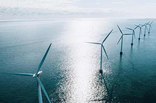 Offshore wind turbines lined up across a calm blue sea, with sunlight reflecting off the water under a pale sky.