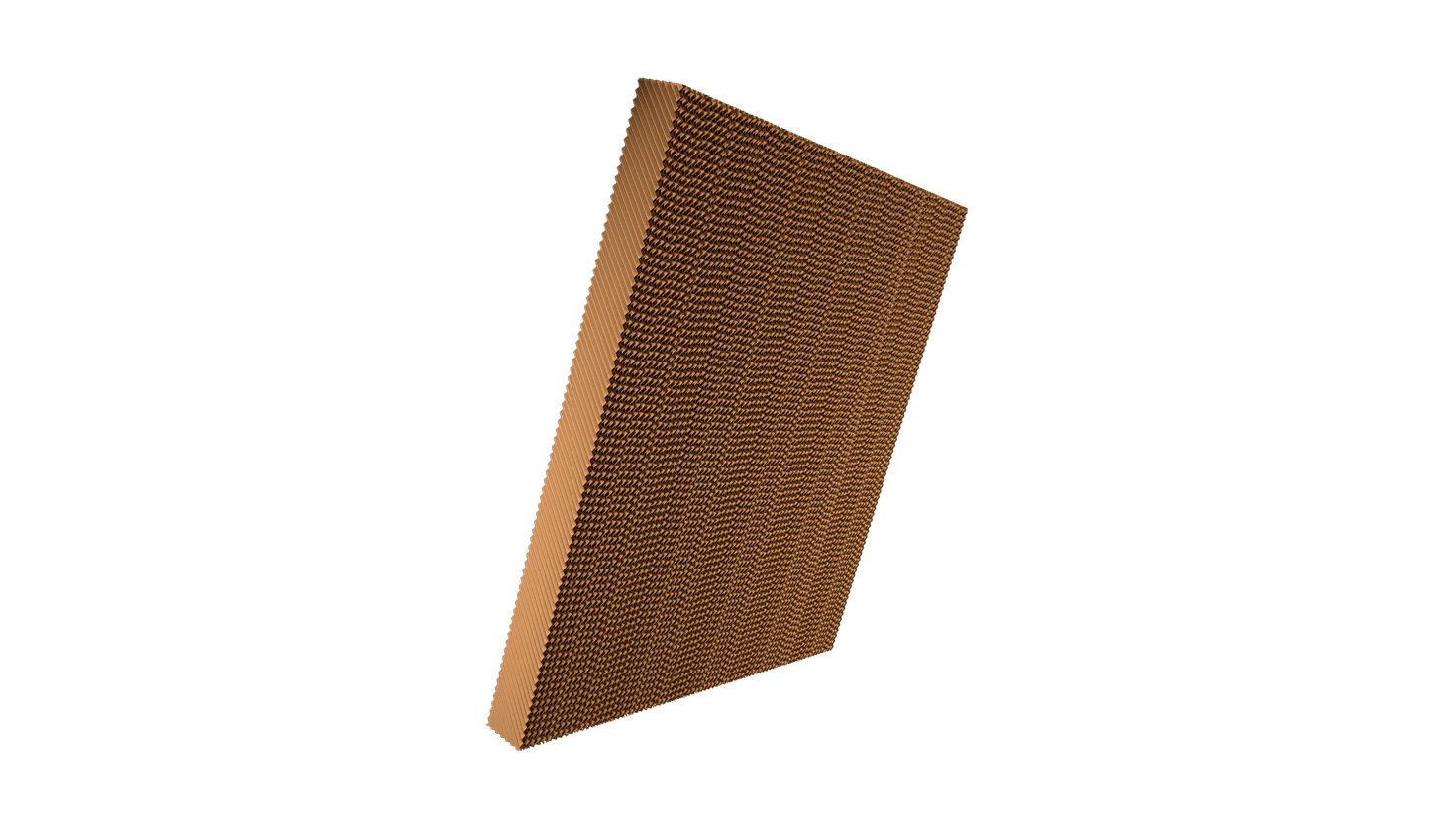 Copper-brown rectangular panel with dense diagonal triangular texture, viewed in perspective against a black background.