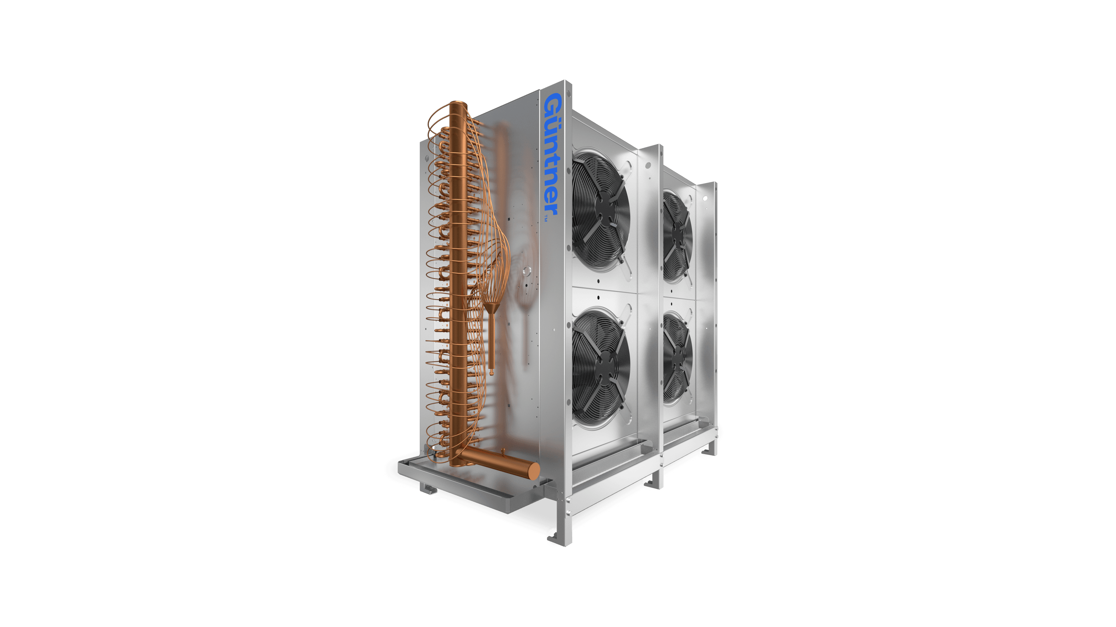Unidade industrial de arrefecimento com painéis metálicos, quatro ventiladores, bobina de cobre à esquerda e base de suporte; rótulo azul Guntner, fundo preto.