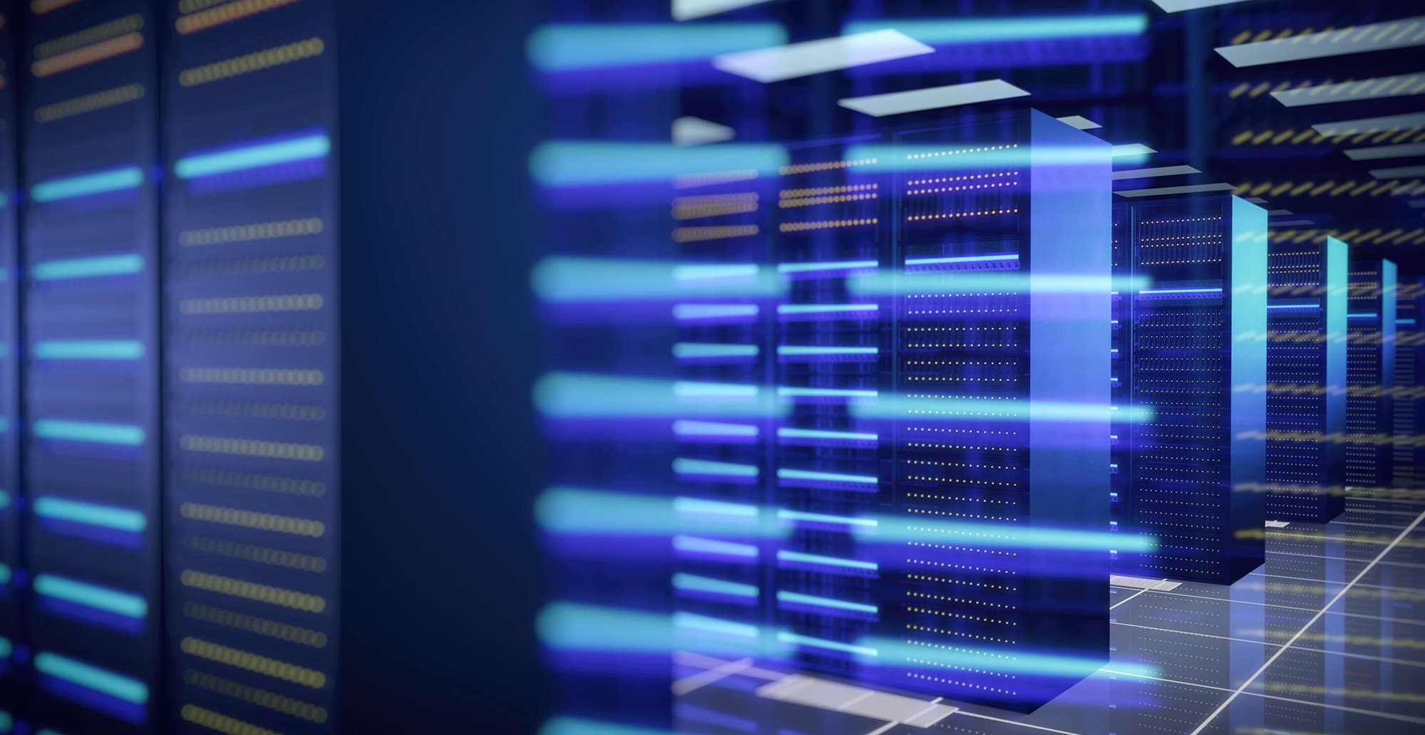 Blue-lit server racks in a data centre with glowing light bars and a reflective floor, creating a futuristic network environment.