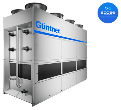 Chiller industrial branco com logotipo azul Günther, painéis laterais, tubulações à esquerda e ventiladores no topo; fundo transparente, selo ECOSS.