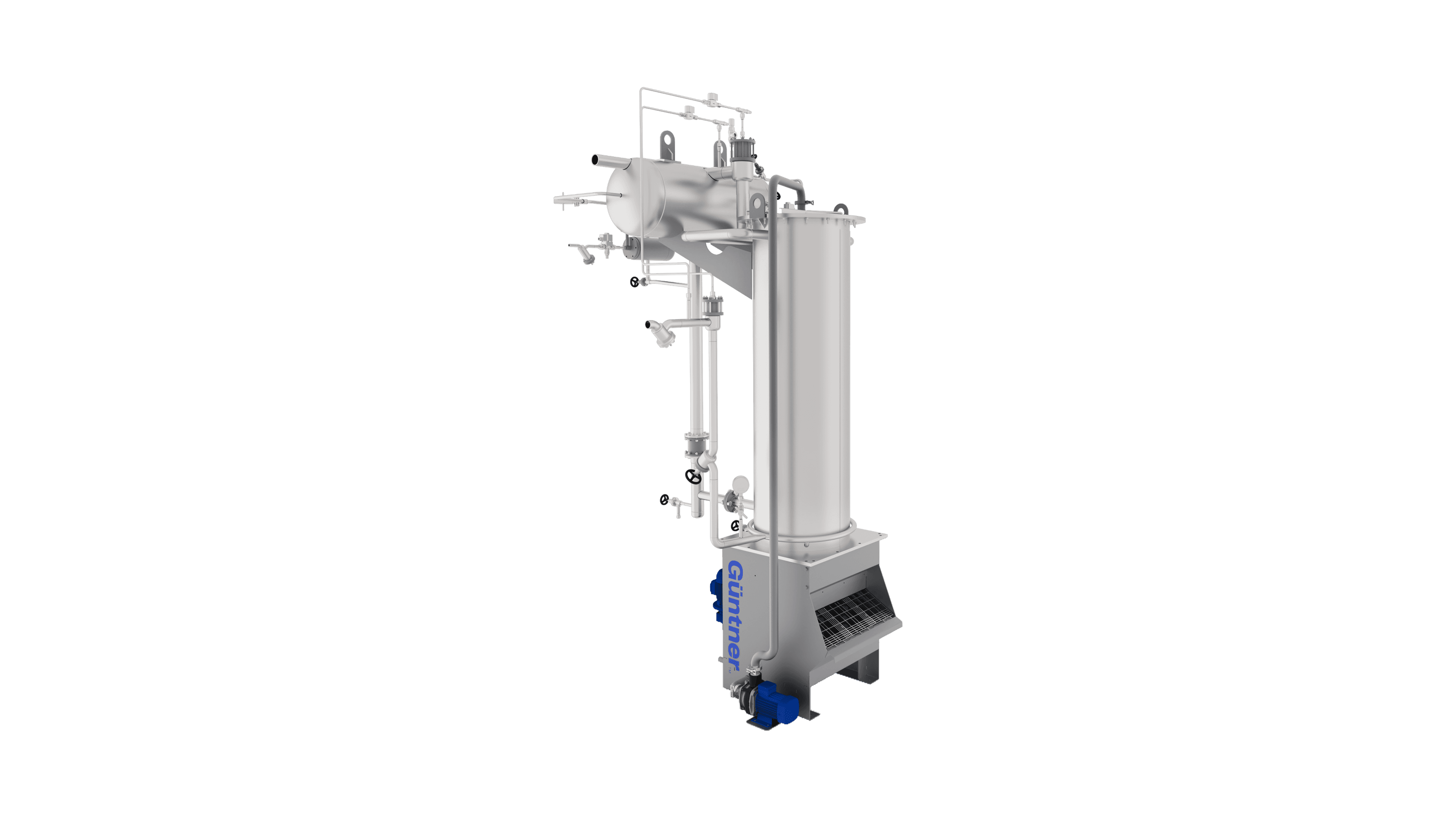 Stainless steel industrial processing unit with a vertical cylinder, piping, valves, and a blue motor at the base, set against a black background.