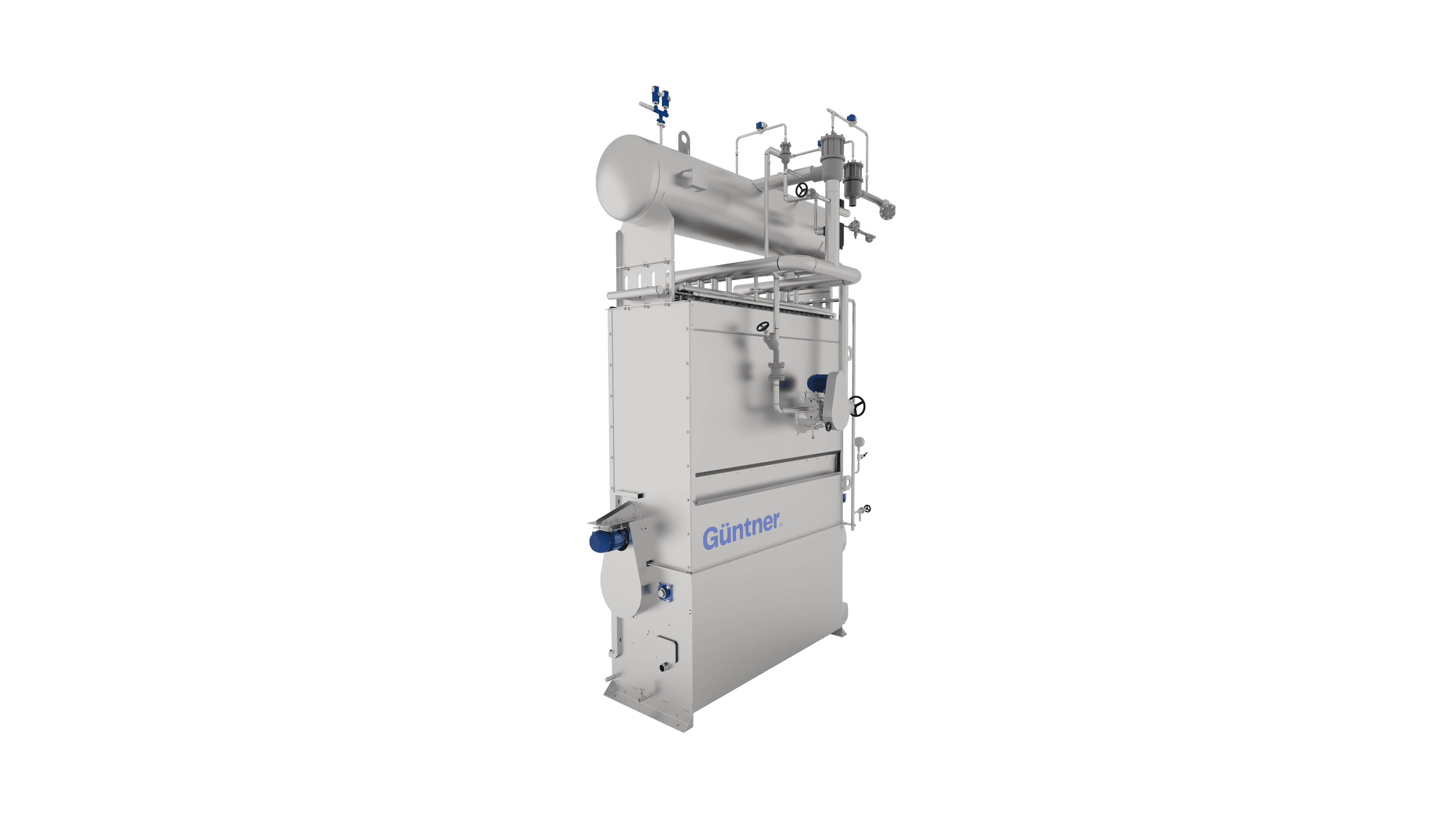 Grey industrial processing unit with a horizontal top vessel, pipework, valves, and gauges; tall rectangular body with a blue logo at the base.