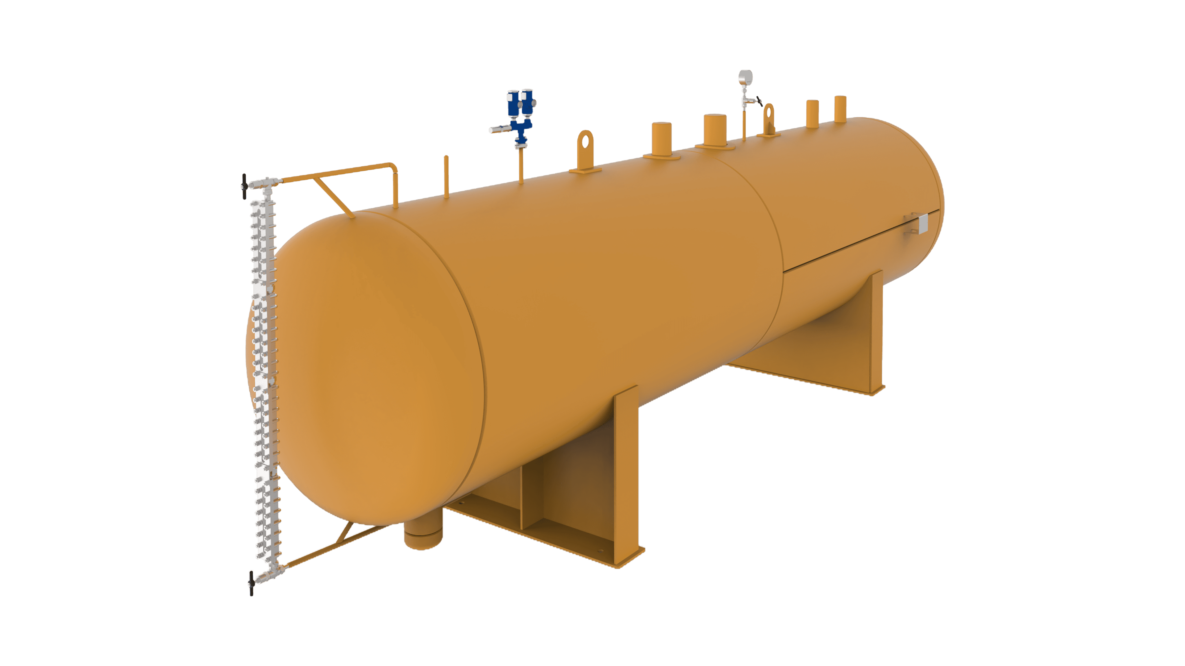 Orange horizontal industrial storage tank on supports with top valves and a vertical access ladder on the left end.