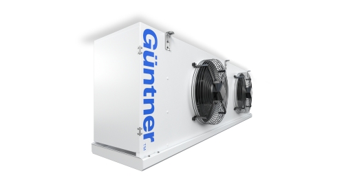 White industrial cooling unit with two large black fans on the side and a vertical blue 'Guntner' logo along the left edge.