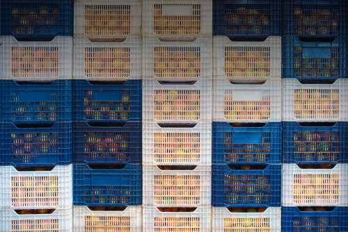 A wall of stacked plastic crates in blue and white, each filled with orange fruit visible through grille-like openings.