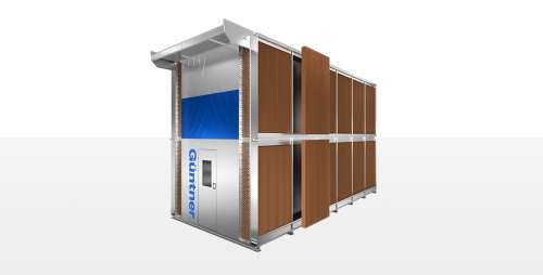 Modular industrial cooling unit with a metal frame and brown panel walls, a blue stripe, and a door with a small window; brand name on the side.