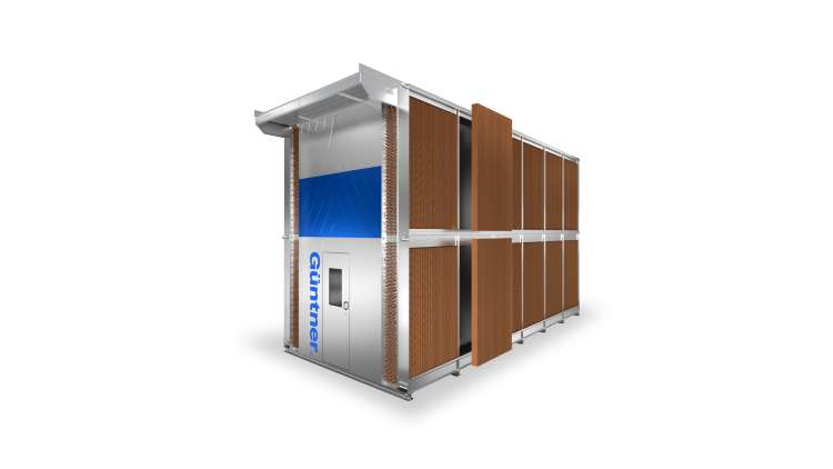 Modular industrial unit with a silver metal frame, brown side fin panels, a blue front panel, and a gray access door labeled Günther.